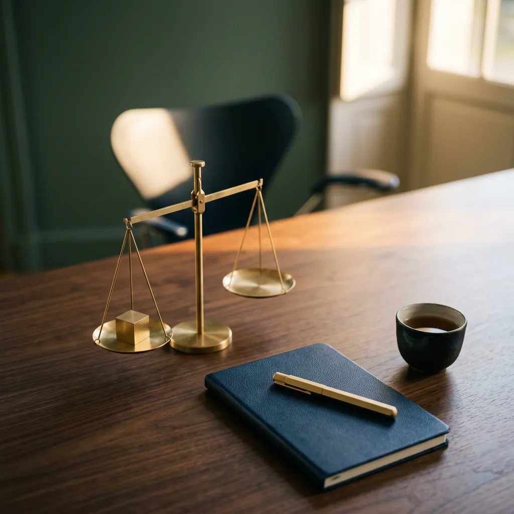 Une balance de laiton en équilibre à côté d’un carnet fermé et d’un stylo, sur un bureau de bois sombre