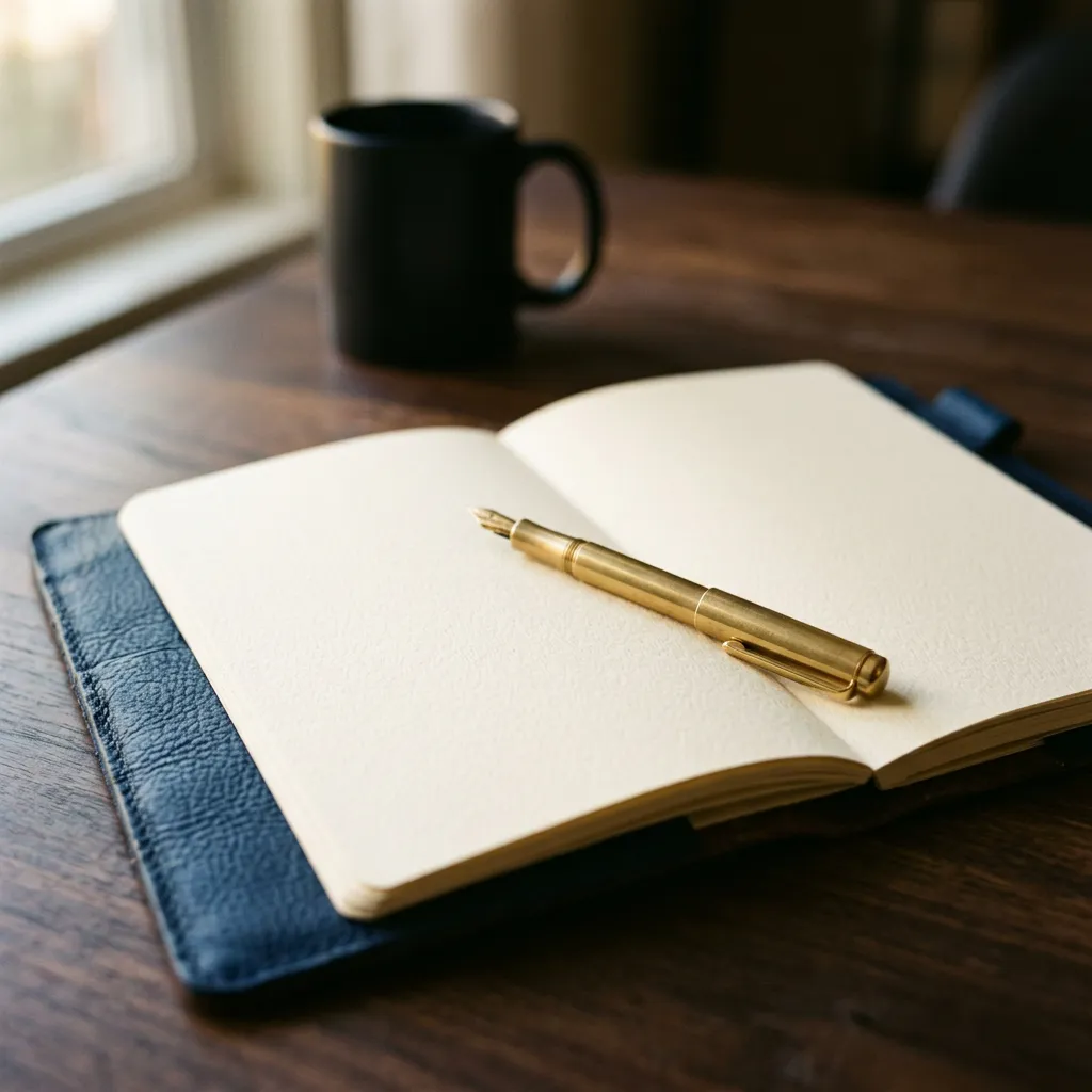 Un carnet ouvert sur une page vierge, un stylo de laiton posé en travers, sur un bureau de bois sombre