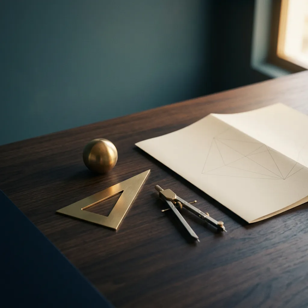Une équerre et une sphère en laiton posées près d’un carnet ouvert, sur un bureau de bois sombre